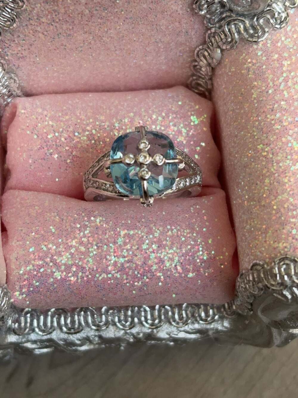 925 Sterling Silver Cushion Cut Blue Topaz Cocktail Ring